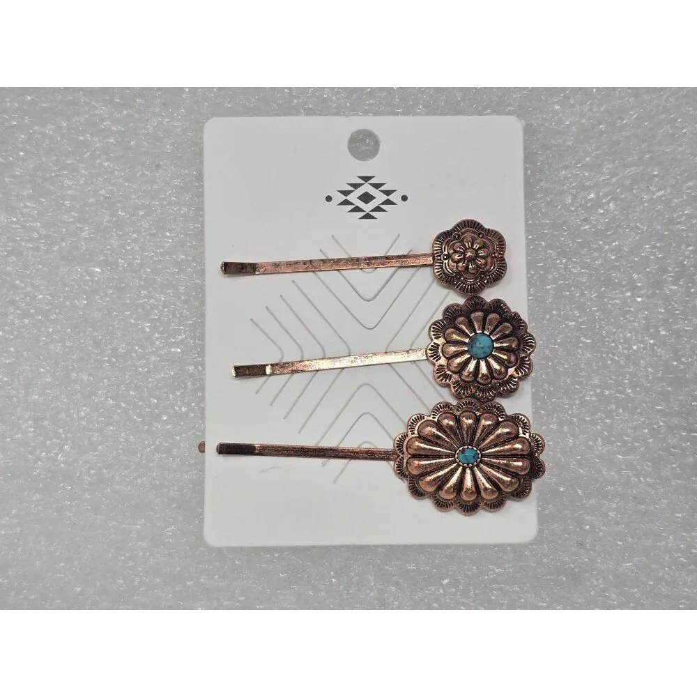 Southwestern Style Copper Tone Hair Pins Set With Faux Turquoise Accents